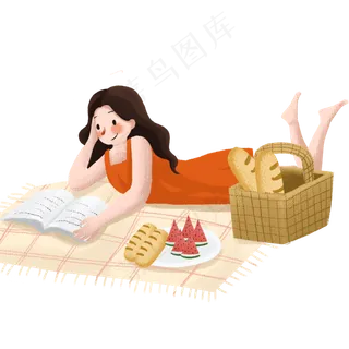 趴在野餐垫上看书的女神,免抠元素