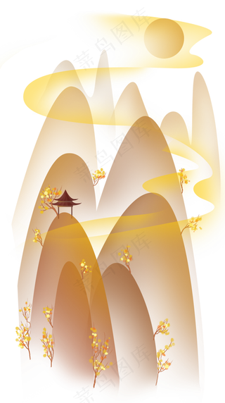 秋天山峰和亭子,免抠元素