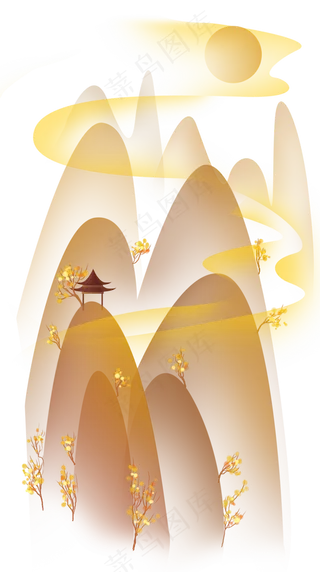 秋天山峰和亭子,免抠元素