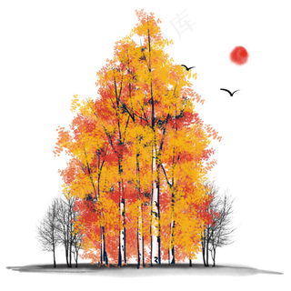 中国风水墨秋季树木,免抠元素