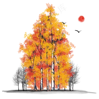 中国风水墨秋季树木,免抠元素