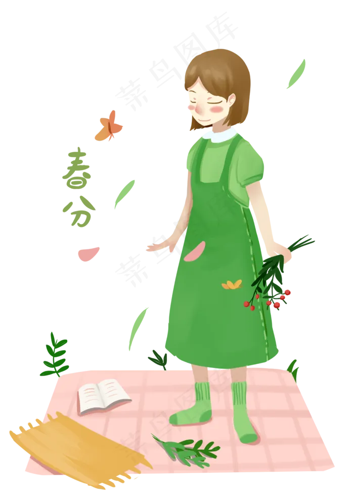 春分手拿小花的小女孩,免抠元素(2480X3508(DPI:299))psd模版下载