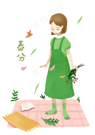 春分手拿小花的小女孩,免抠元素