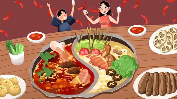 红色系卡通手绘风美食火锅配图 红色系卡通手绘风美食火锅配图