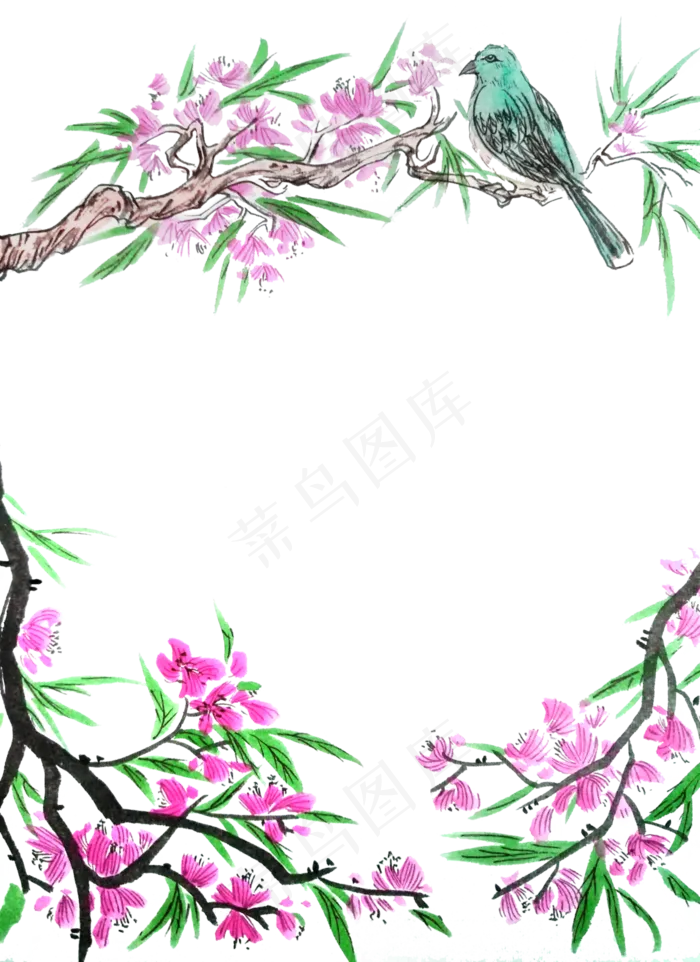 春天装饰桃红花鸟鸟雀边框国画水,免抠元素(2888X3970(DPI:72))psd模版下载