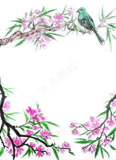 春天装饰桃红花鸟鸟雀边框国画水,免抠元素