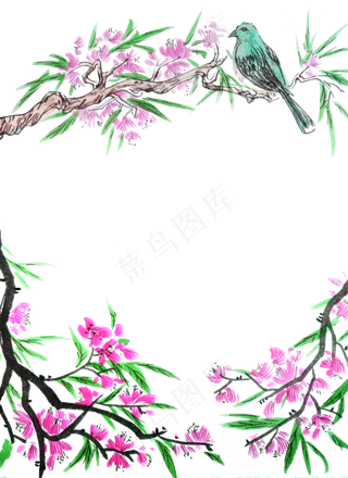春天装饰桃红花鸟鸟雀边框国画水,免抠元素
