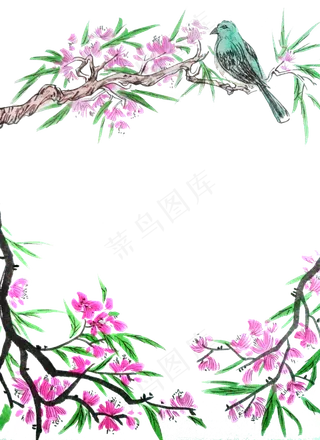春天装饰桃红花鸟鸟雀边框国画水,免抠元素