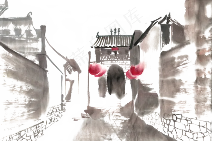 古巷水墨画PNG免抠素材(7087*4724px 300 dpi )psd模版下载
