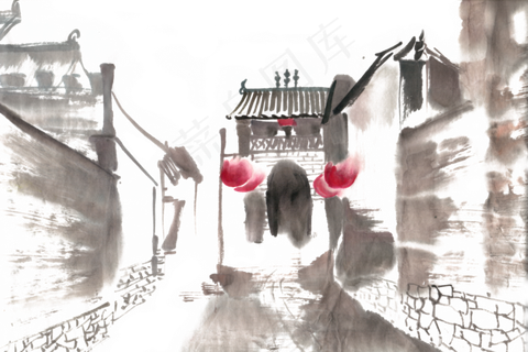 古巷水墨画PNG免抠素材