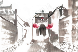 古巷水墨画PNG免抠素材