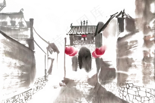 古巷水墨画PNG免抠素材