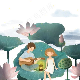 卡通小男孩在荷叶上弹吉它