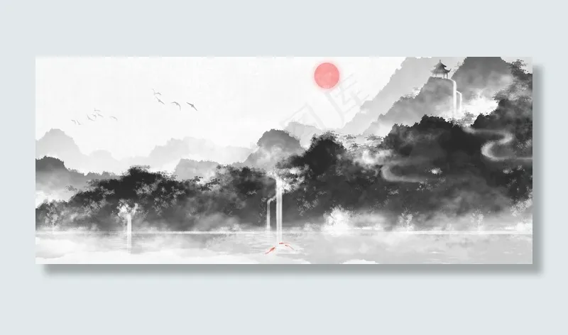复古中国风日出山水画(1920*800px 	       )psd模版下载