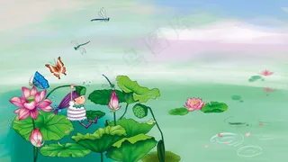 手绘夏天荷塘荷花精灵