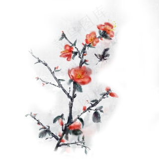 中国风水墨春天花节植物花蝴蝶png,免抠元素