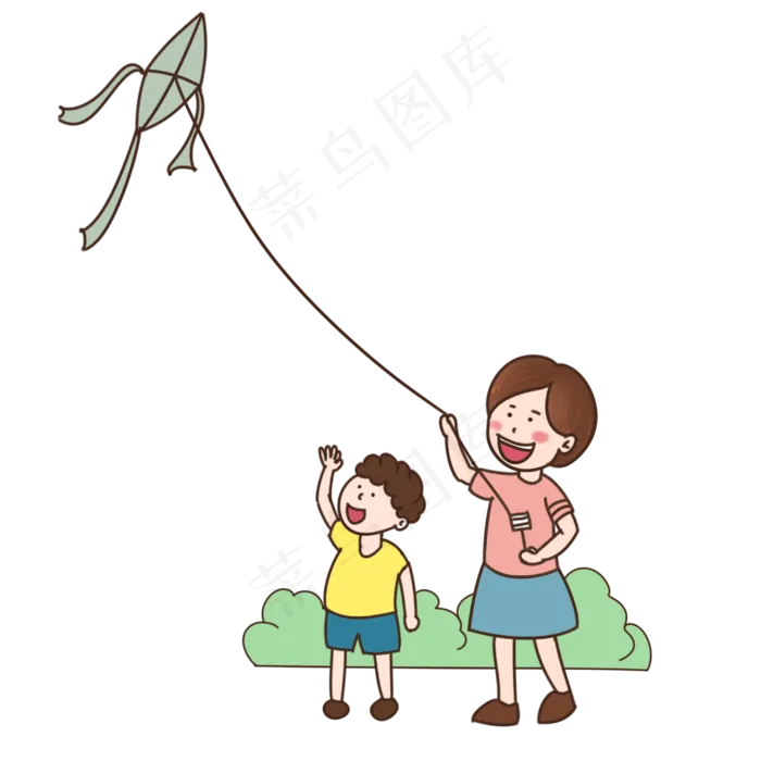 儿童节家人陪孩子放风筝手绘