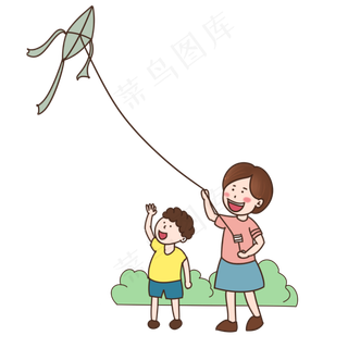 儿童节家人陪孩子放风筝手绘