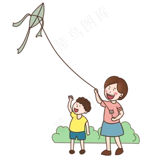 儿童节家人陪孩子放风筝手绘