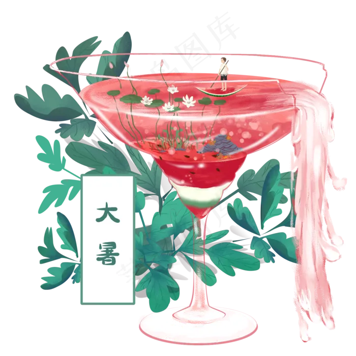 大暑手绘粉红酒杯场景(2000X2000(DPI:300))psd模版下载