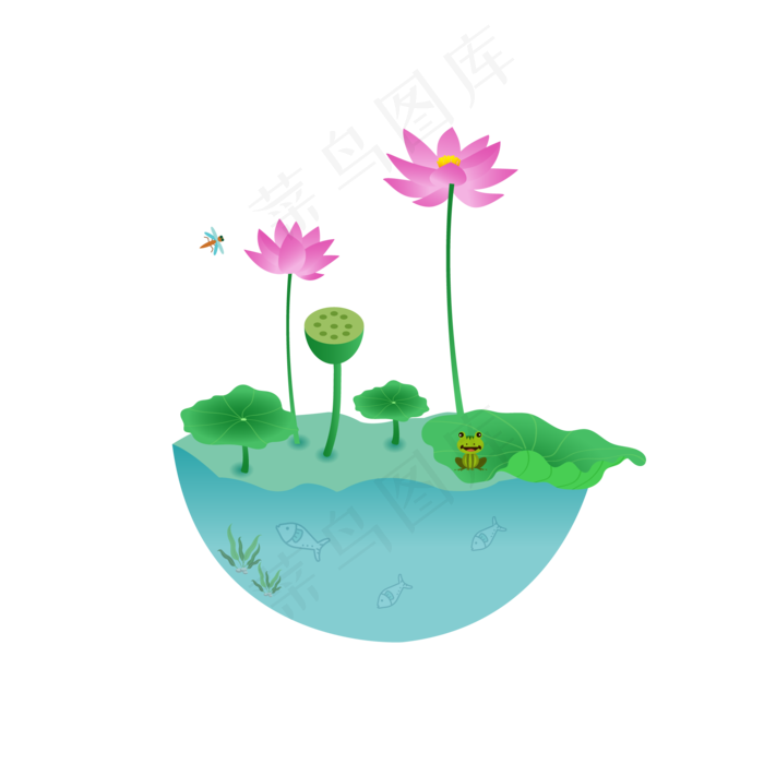 夏天荷塘手绘矢量图