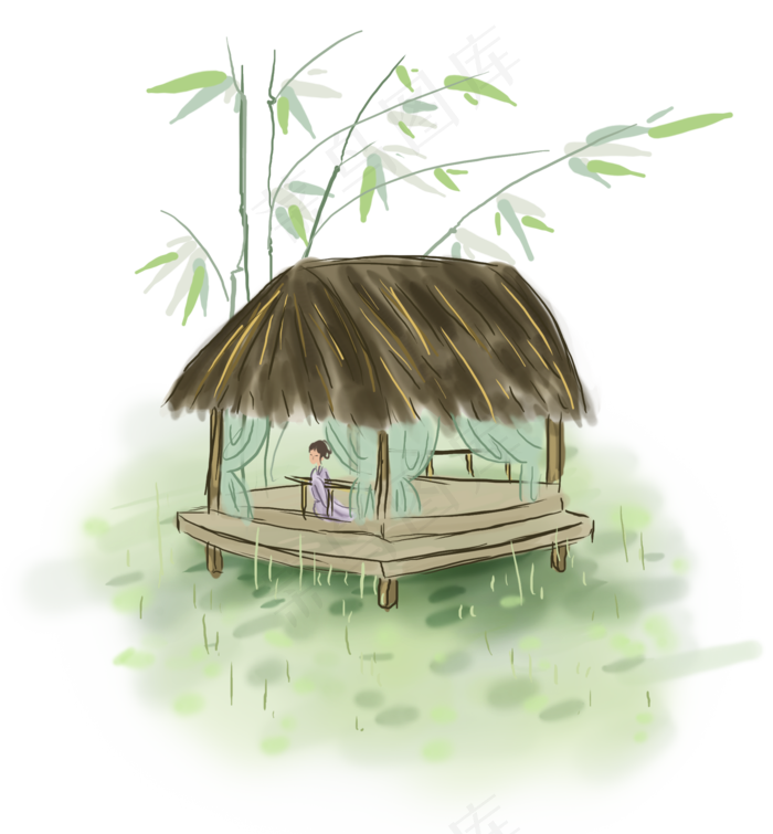 中国风草房里,免抠元素