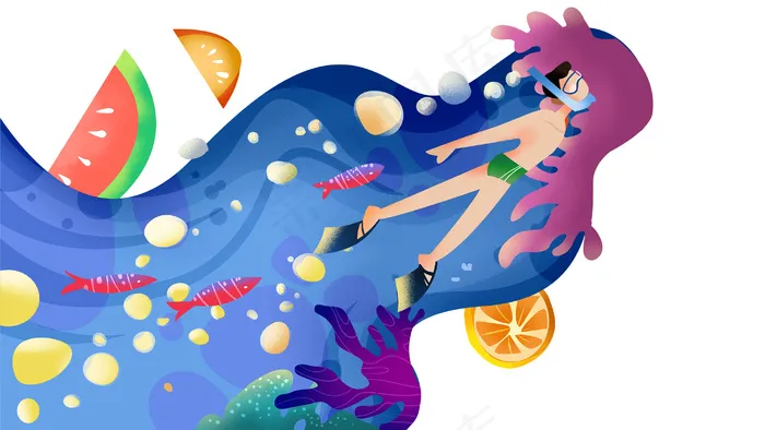 蓝色系卡通手绘风夏景潜水配图(2880*1620px 300 dpi )psd模版下载