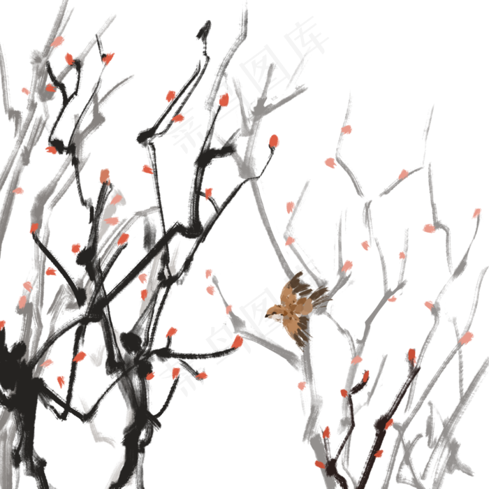 中国风古典手绘花鸟果水墨矢量图,免抠元素(2000X2000(DPI:300))psd模版下载