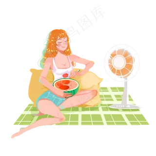大暑吃西瓜乘凉女孩png素材