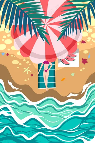 卡通手绘风夏景海边配图