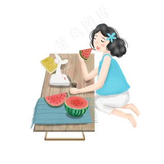 吃西瓜吹风扇的女孩