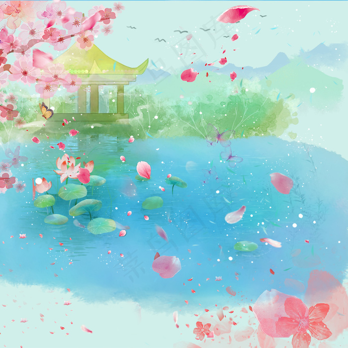十里桃花飞舞蓝色渐变中国风湖边小亭
