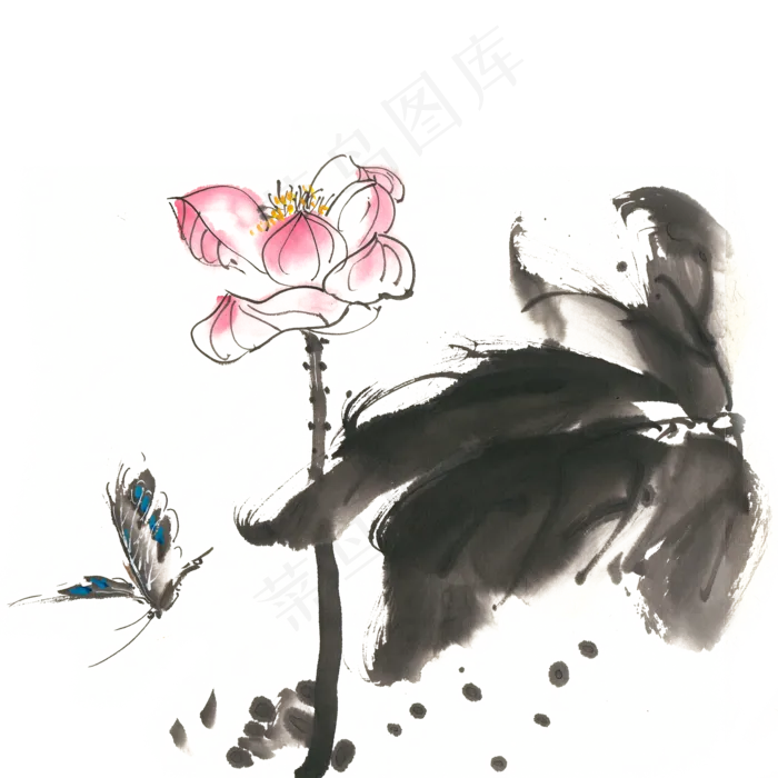 荷花与蝴蝶水墨画PNG免抠素材(4724X4724(DPI:300))psd模版下载