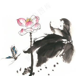 荷花与蝴蝶水墨画PNG免抠素材