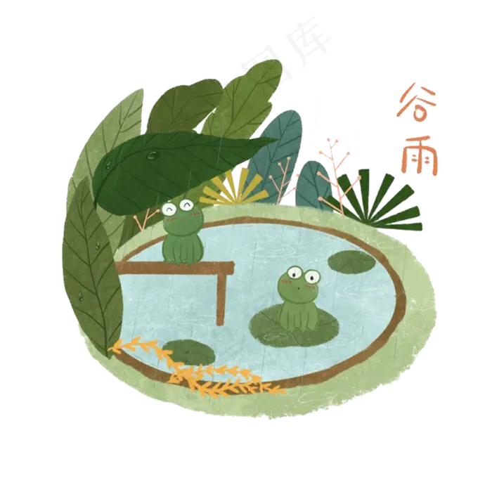 春天二十四节气谷雨青蛙池塘绿色,免抠元素
