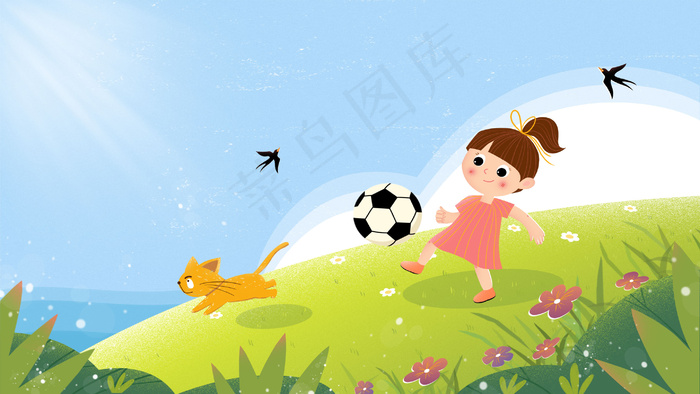 六一儿童节户外踢足球的女孩(2880*1620px 300 dpi )psd模版下载