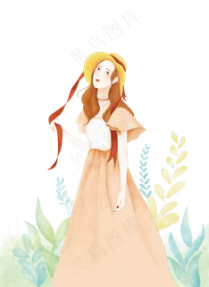 女神女孩春游手绘人物水彩免抠元