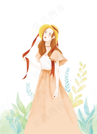 女神女孩春游手绘人物水彩免抠元