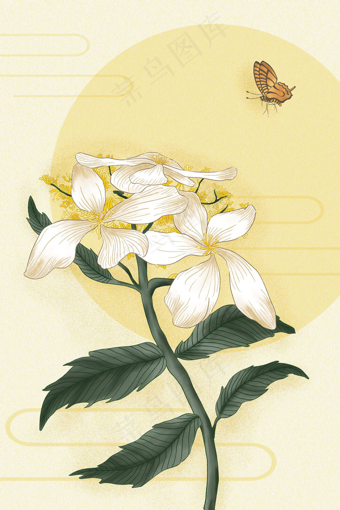 工笔花鸟八仙花蝴蝶(3545*5315px 300 dpi )psd模版下载