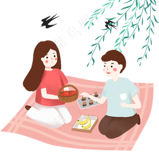 春季野餐柳树下吃饭的情侣免扣