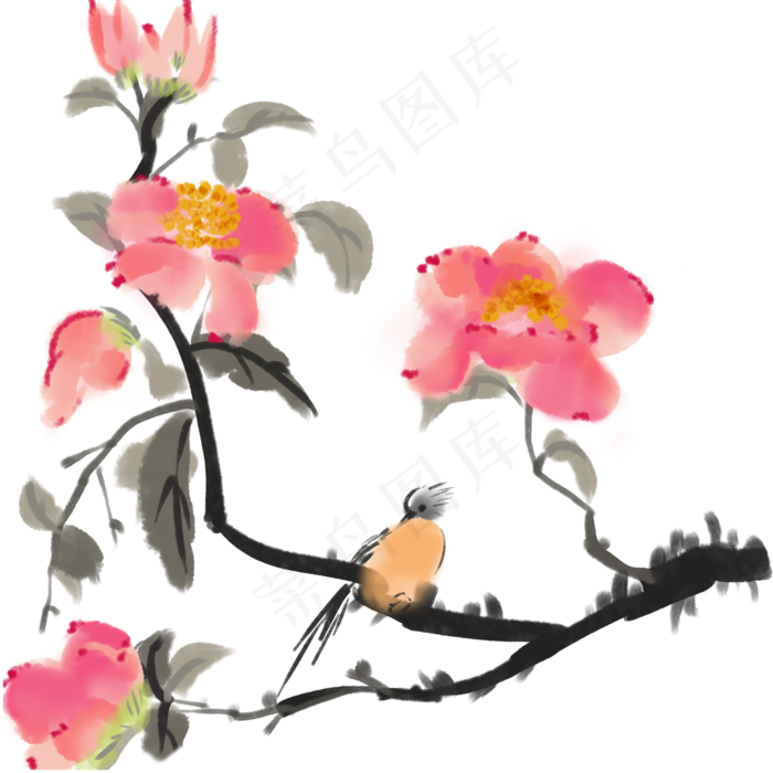 手绘花鸟写意插画,免抠元素
