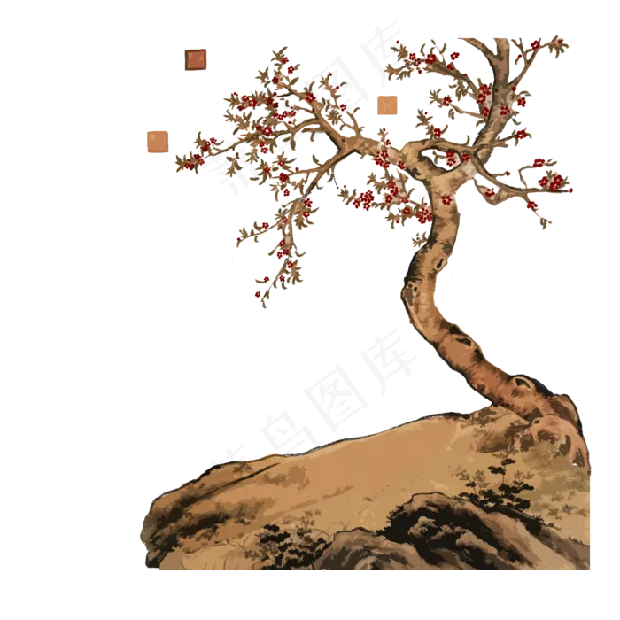 中国水墨写意工笔花鸟桃花海棠红,免抠元素(2000X2000(DPI:300))psd模版下载