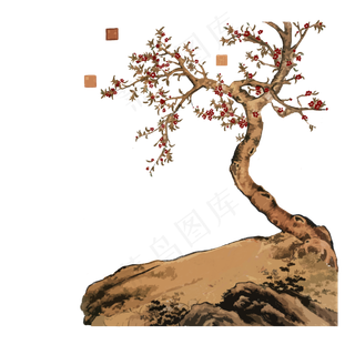 中国水墨写意工笔花鸟桃花海棠红,免抠元素