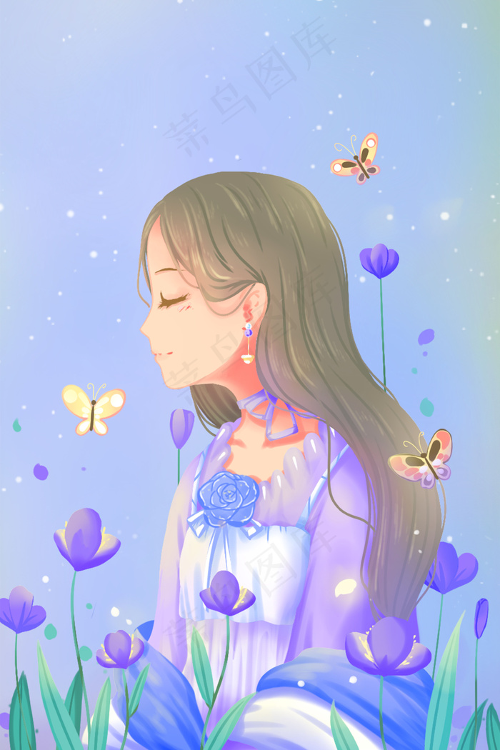蓝色唯美清新卡通少女与花花卉与春季配图(3545X5315(DPI:300))psd模版下载