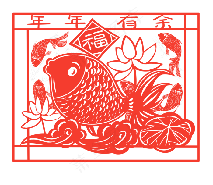 春节红色喜庆剪纸风荷花鲤鱼年年,免抠元素
