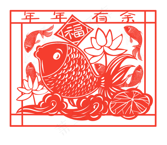 春节红色喜庆剪纸风荷花鲤鱼年年,免抠元素(3000X2600(DPI:300))psd模版下载