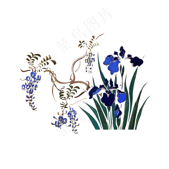 中国水墨写意花卉鸢尾花紫藤花PNG,免抠元素