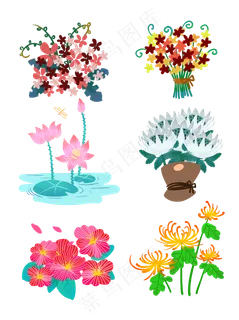 6组卡通手绘彩色花朵花卉装饰元
