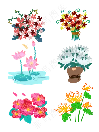 6组卡通手绘彩色花朵花卉装饰元