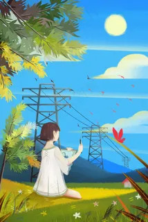 夏日夏景风景小暑少女卡通小清新插画